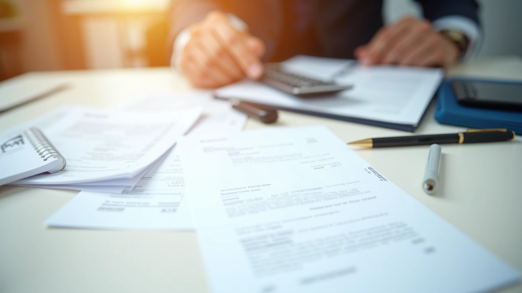 Finanzielle Dokumente und Taschenrechner auf Schreibtisch mit Notizen und Stiften
