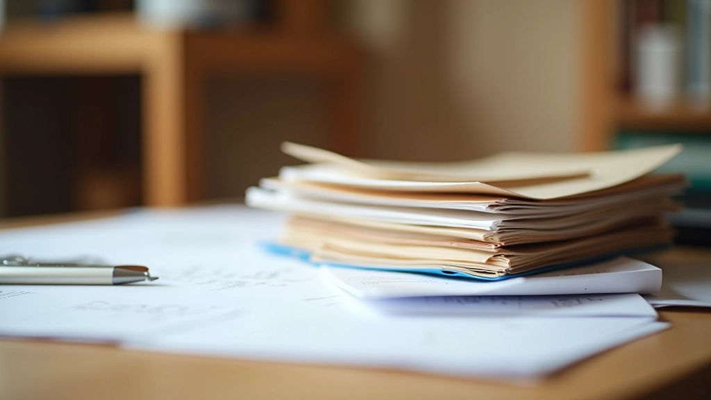 Organisierte Ordner und Dokumente auf einem Schreibtisch, verschiedene Rechnungen und Belege