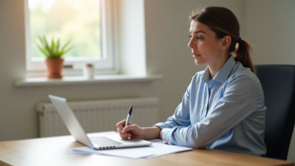 Person am Laptop mit Steuererklärung Software, Notizen und Kaffee auf dem Schreibtisch