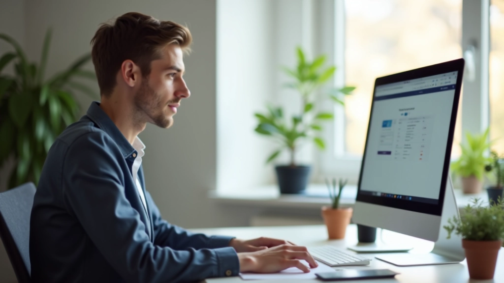 Person am Computer, ELSTER-Anmeldescreens auf dem Monitor, modernes Arbeitszimmer